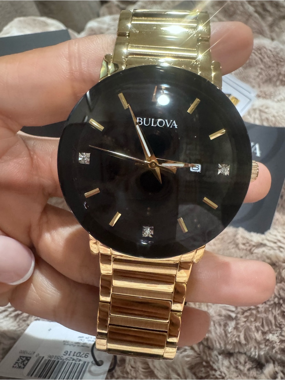 New Bulova Diamonds Men’s Gold Tone Watch Black Dial 4 Diamond Markers Date Box